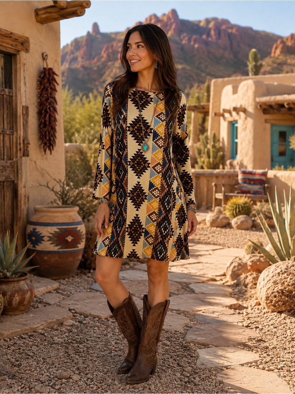 Boho Aztec Printed Tunic Dress in Cream and Earth Tones-Size XL